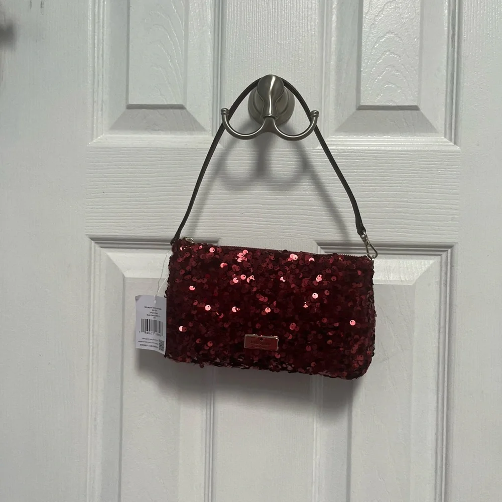 Kate Spade NY Kiki Sequin Fabric Convertible Bag Purse Wristlet Deep Berry New - Picture 2 of 16